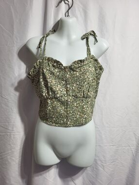Monteau Olive Green Floral Tie-Shoulder Cropped Camisole, Size Large